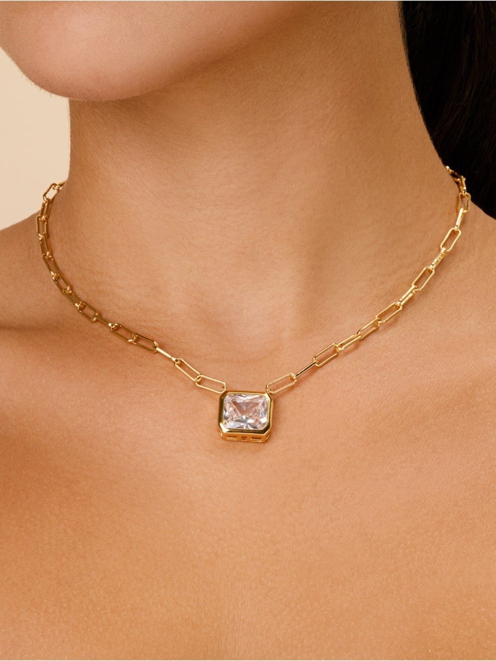 Gold Paperclip Chain Necklace with Square Bezel CZ Pendant Equivalent Carat: 4.7